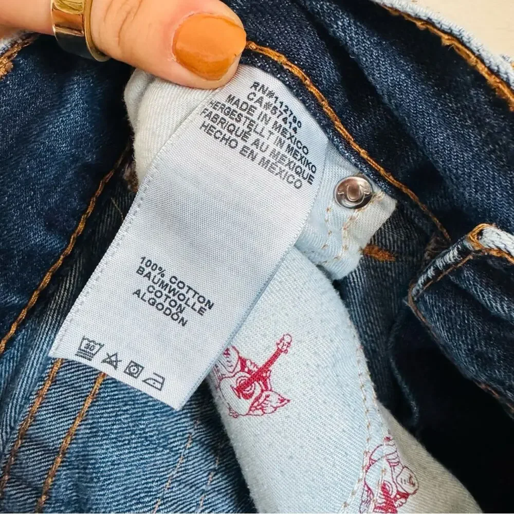 TRUE RELIGION MENS Blue White Acid Wash Relaxed Straight Leg Flap Denim Jeans 29